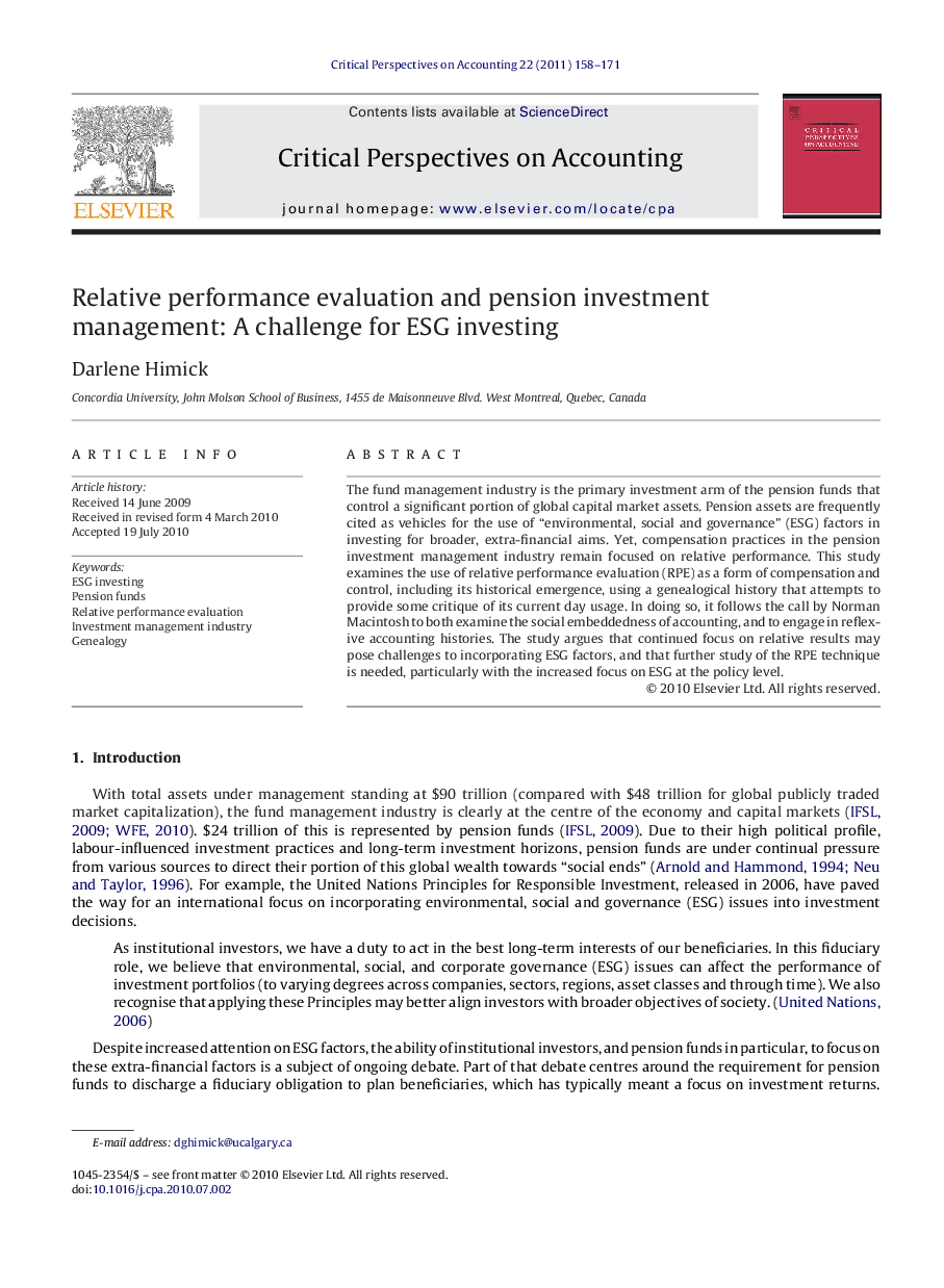 Relative performance evaluation and pension investment management: A challenge for ESG investing