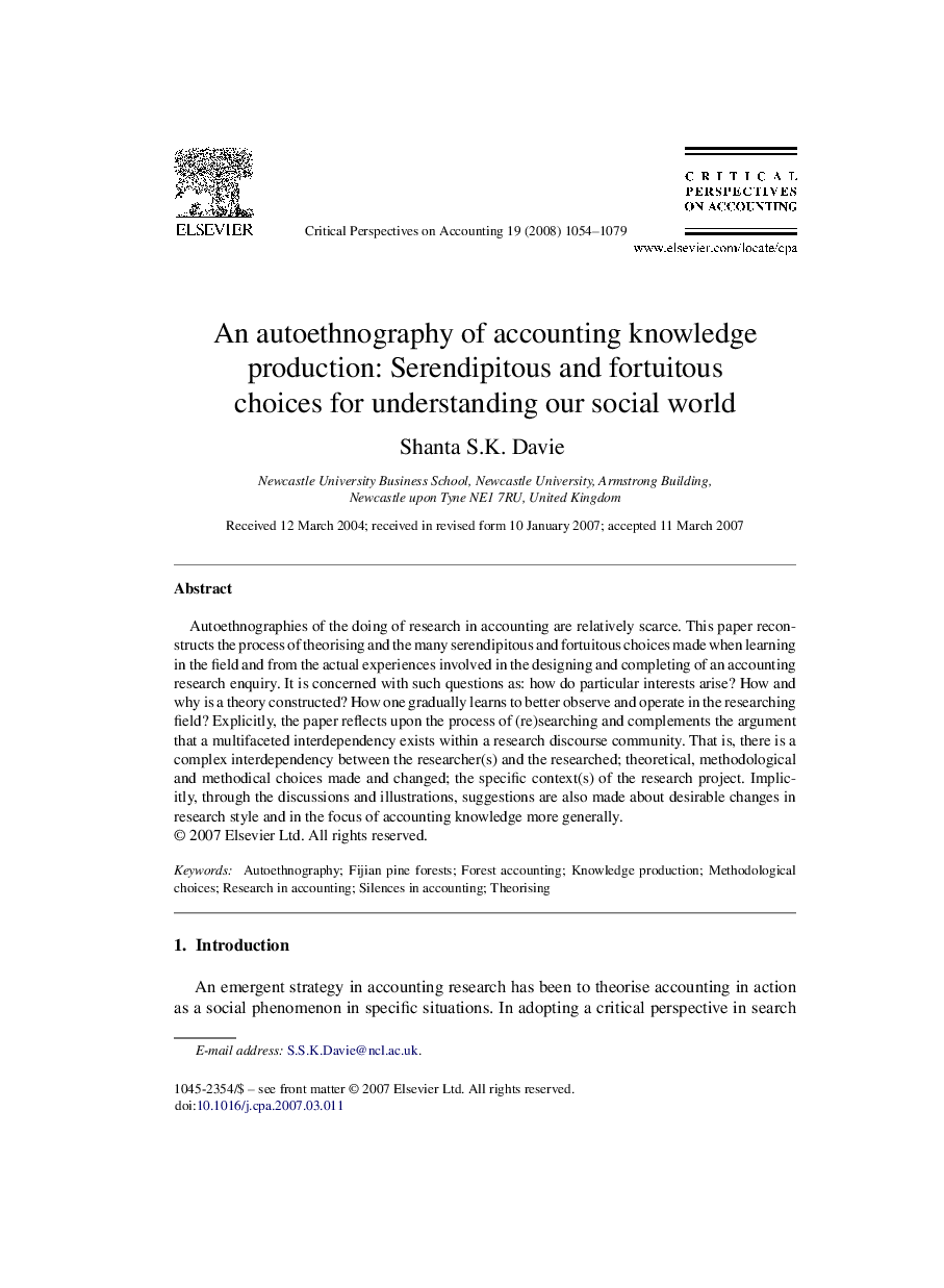 An autoethnography of accounting knowledge production: Serendipitous and fortuitous choices for understanding our social world