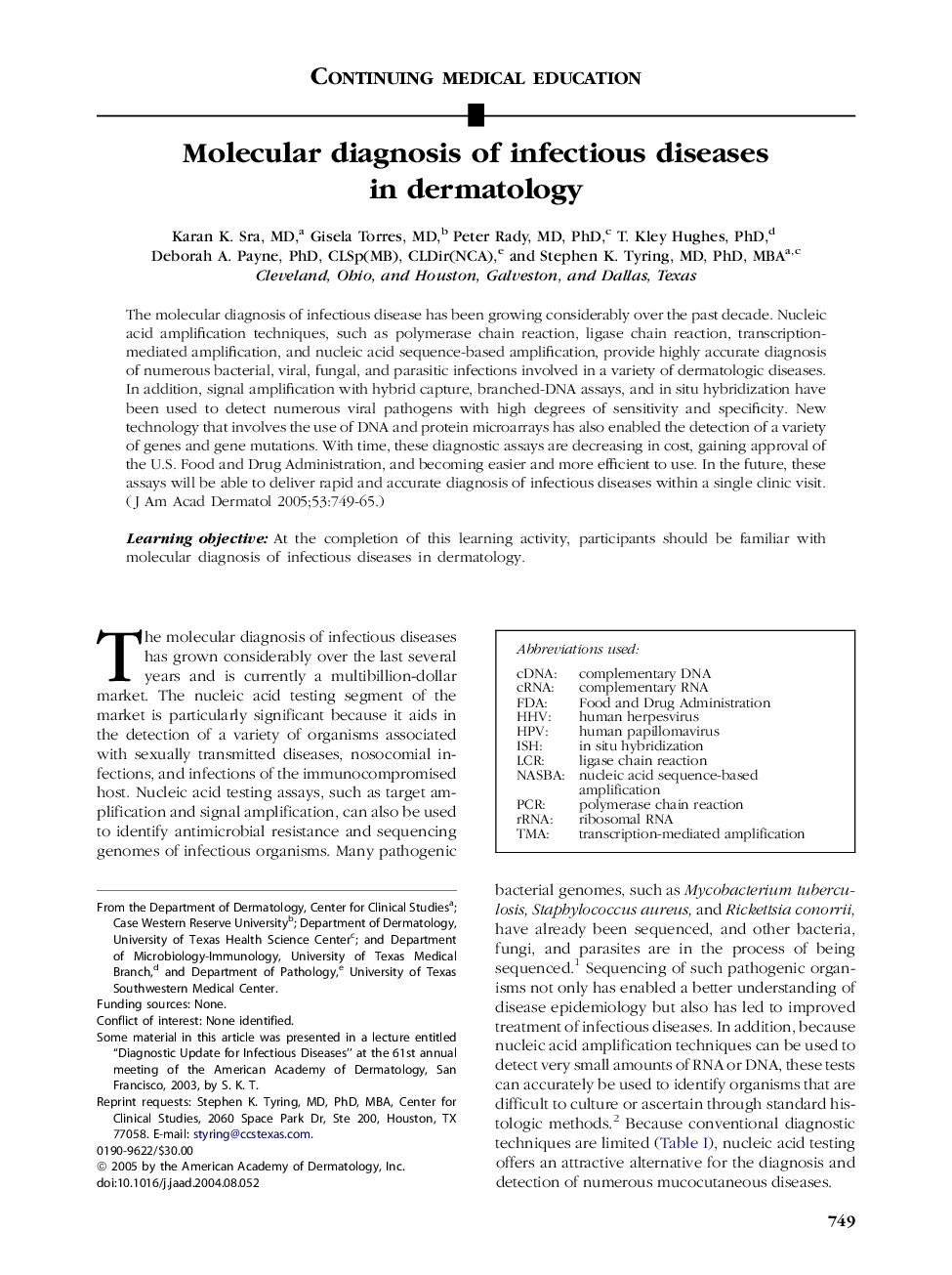 Molecular diagnosis of infectious diseases in dermatology