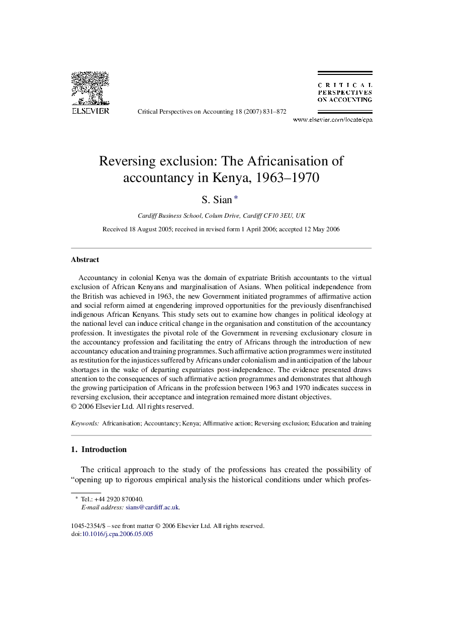 Reversing exclusion: The Africanisation of accountancy in Kenya, 1963–1970