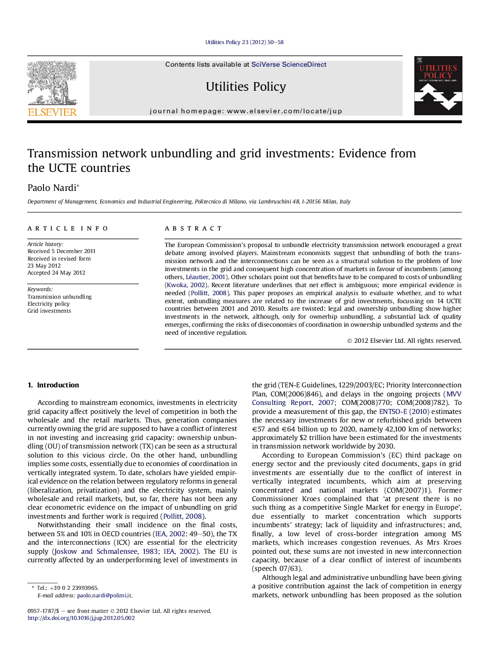 Transmission network unbundling and grid investments: Evidence from the UCTE countries