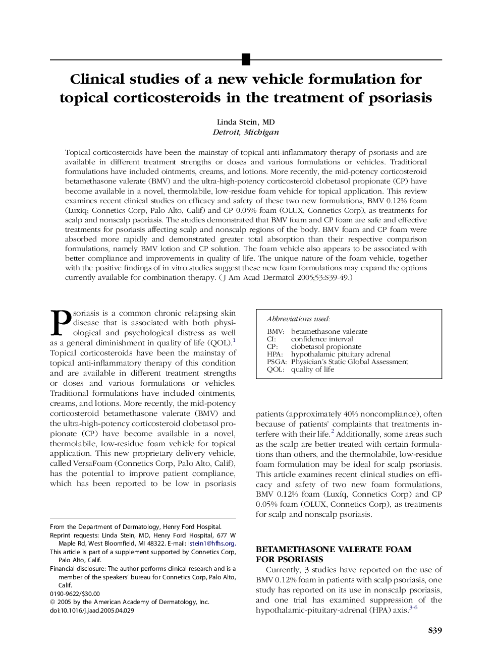 Clinical studies of a new vehicle formulation for topical corticosteroids in the treatment of psoriasis