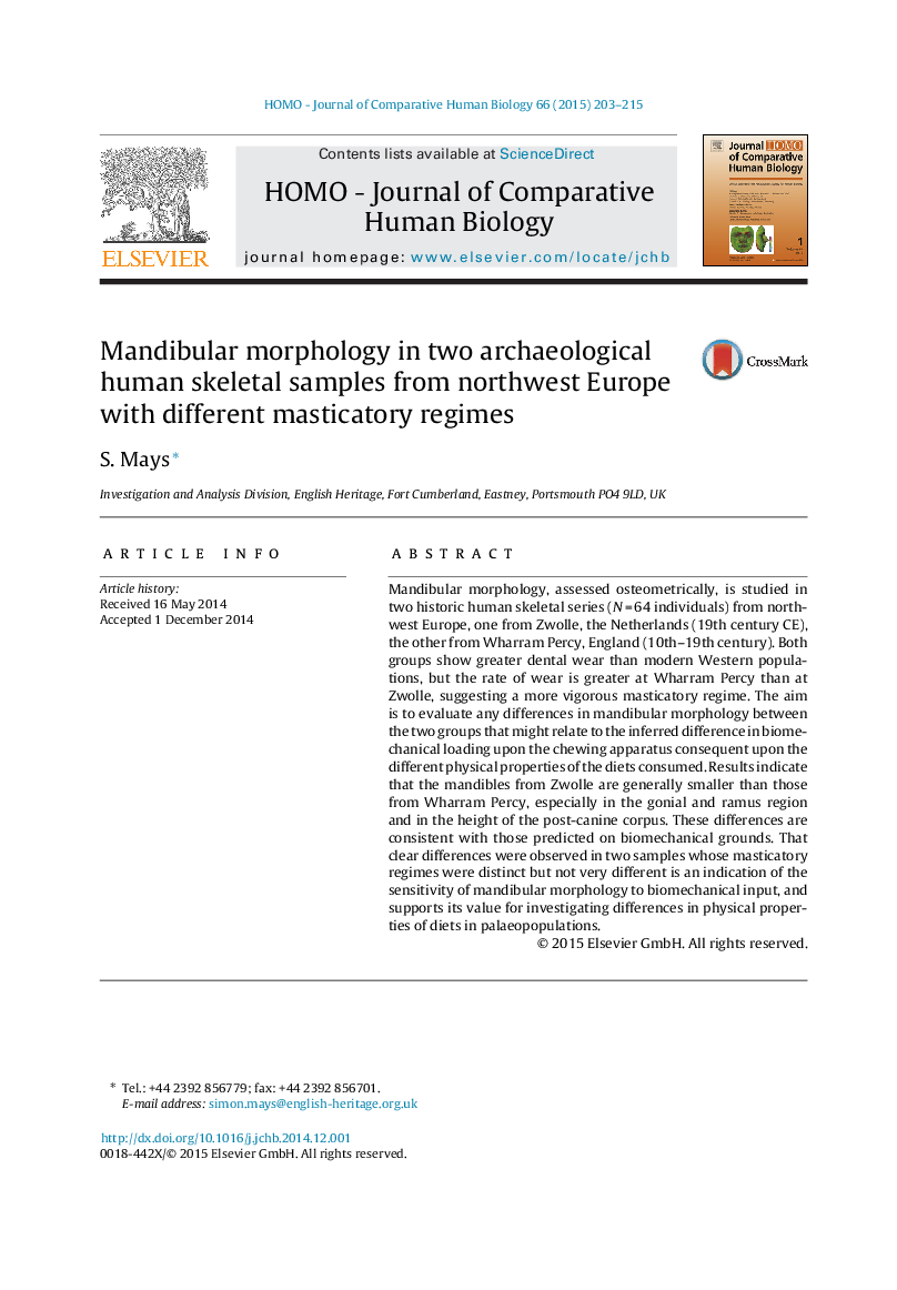 Mandibular morphology in two archaeological human skeletal samples from northwest Europe with different masticatory regimes
