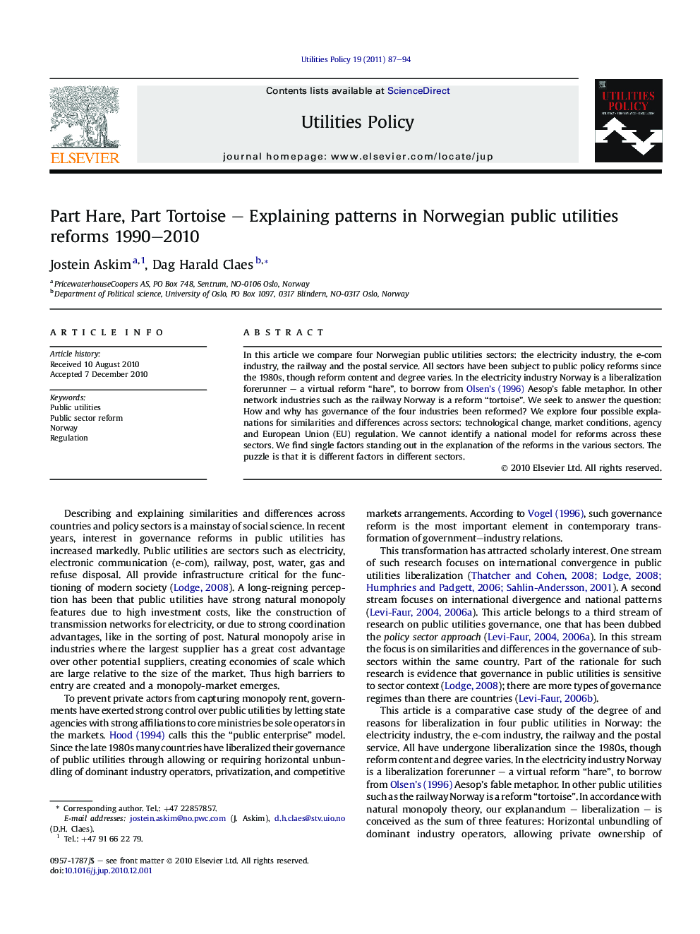 Part Hare, Part Tortoise – Explaining patterns in Norwegian public utilities reforms 1990–2010