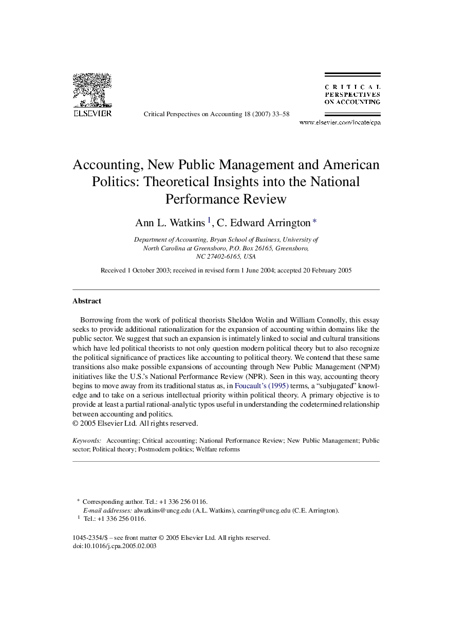 Accounting, New Public Management and American Politics: Theoretical Insights into the National Performance Review