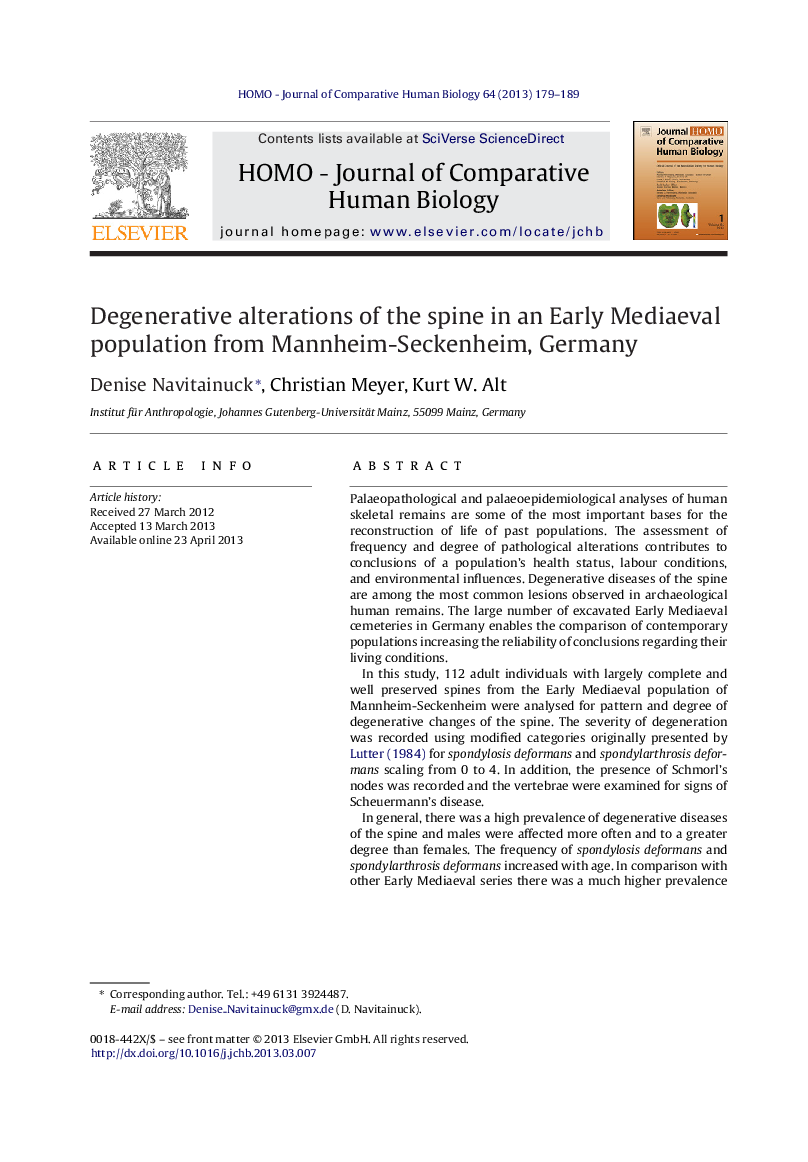 Degenerative alterations of the spine in an Early Mediaeval population from Mannheim-Seckenheim, Germany