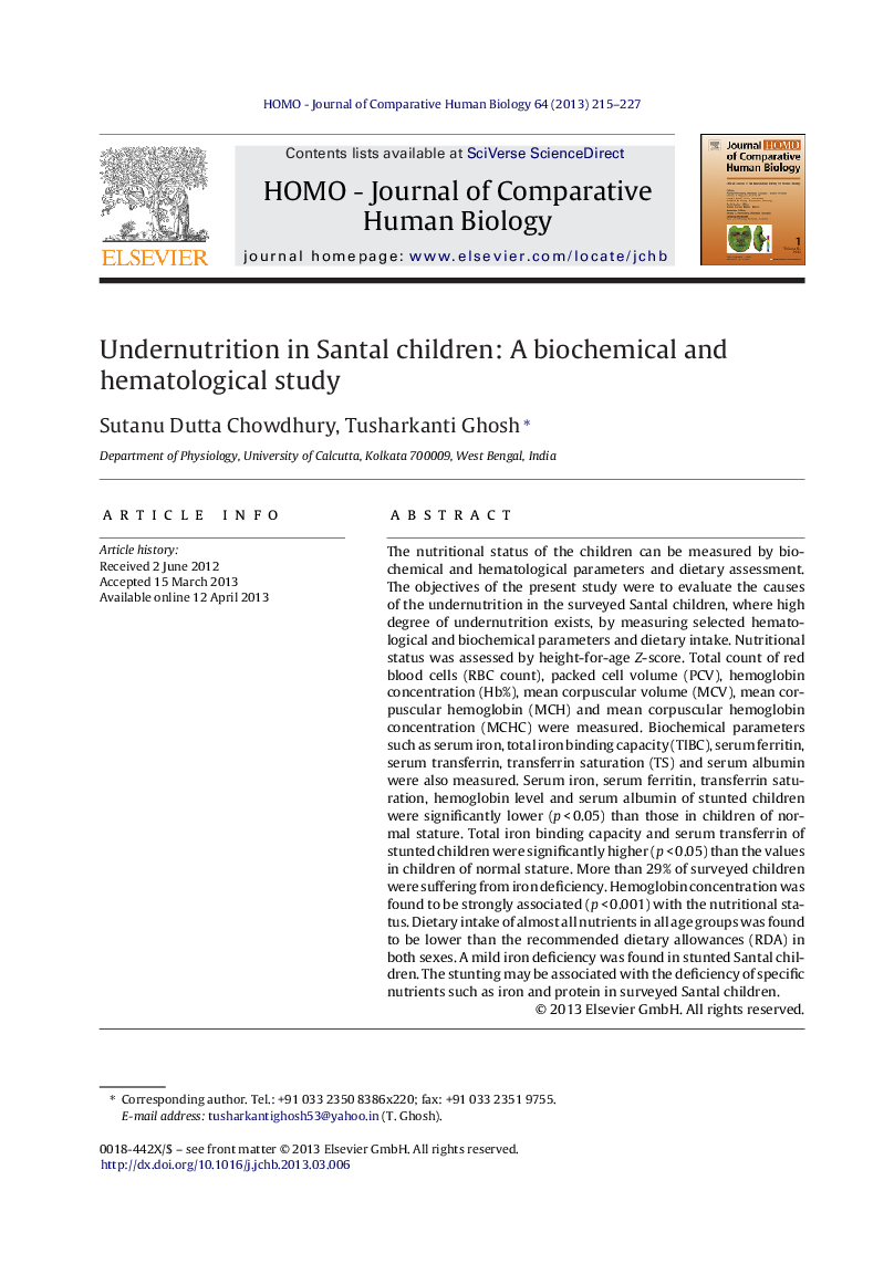 Undernutrition in Santal children: A biochemical and hematological study