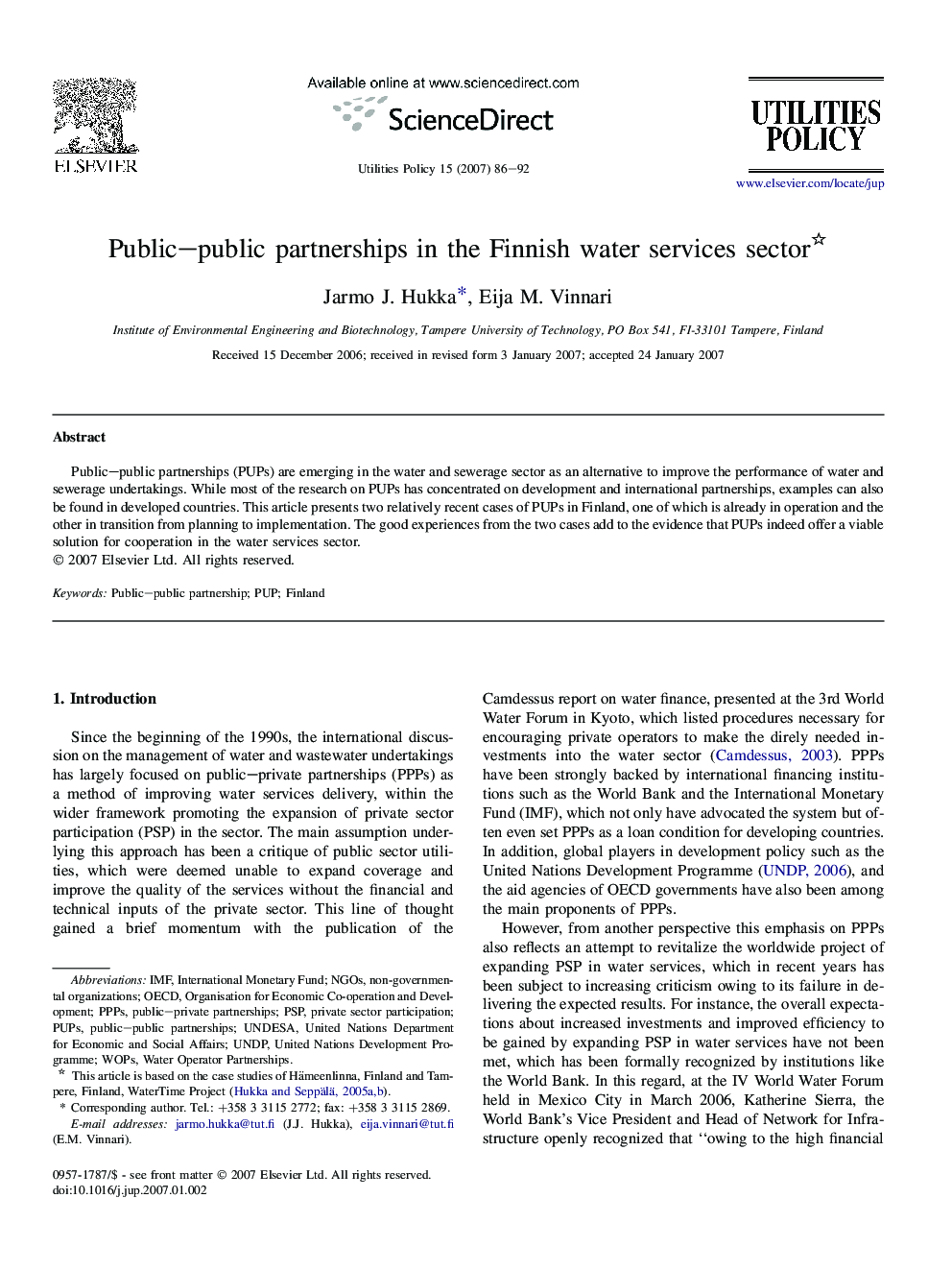 Public–public partnerships in the Finnish water services sector 