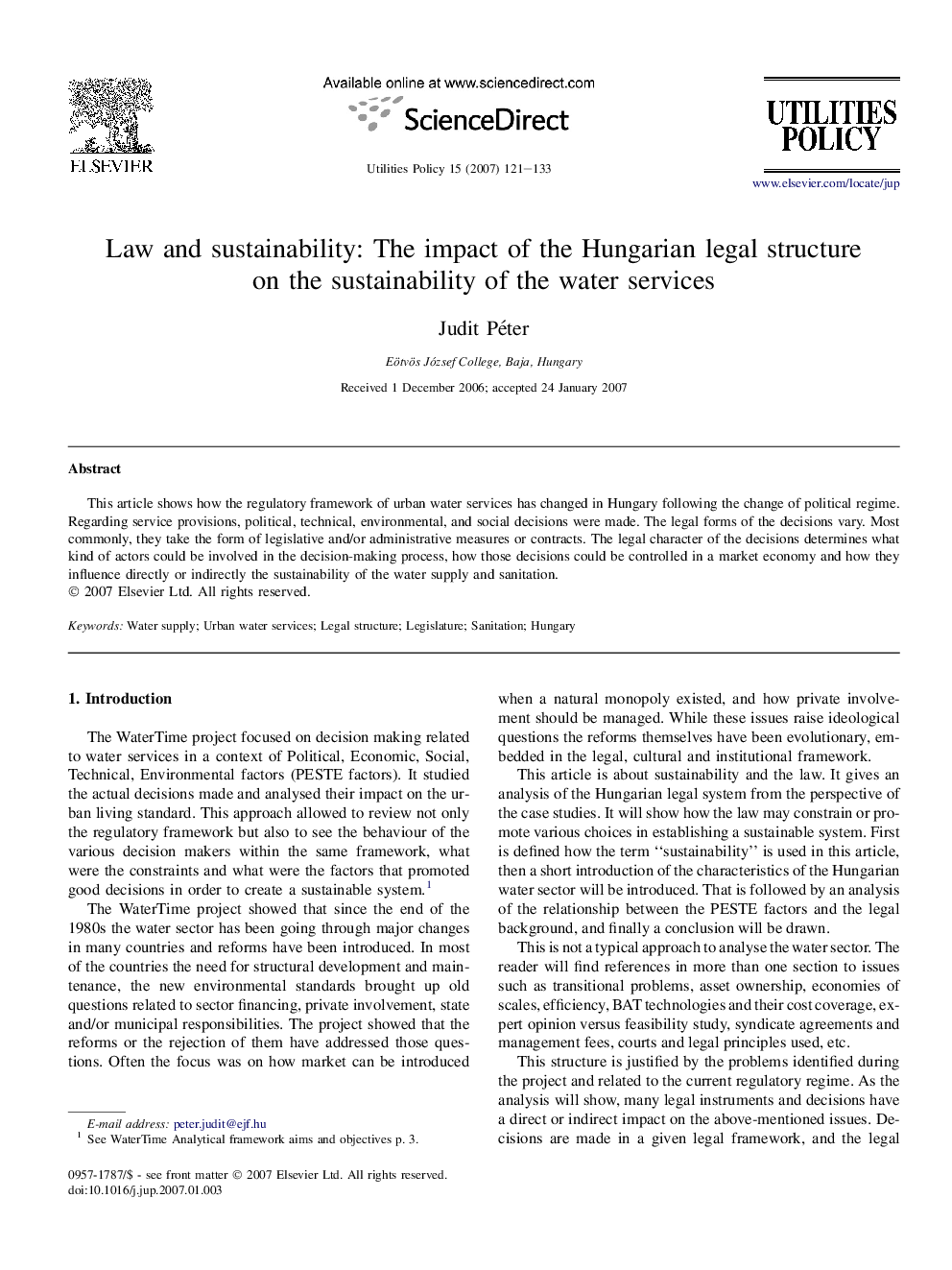 Law and sustainability: The impact of the Hungarian legal structure on the sustainability of the water services