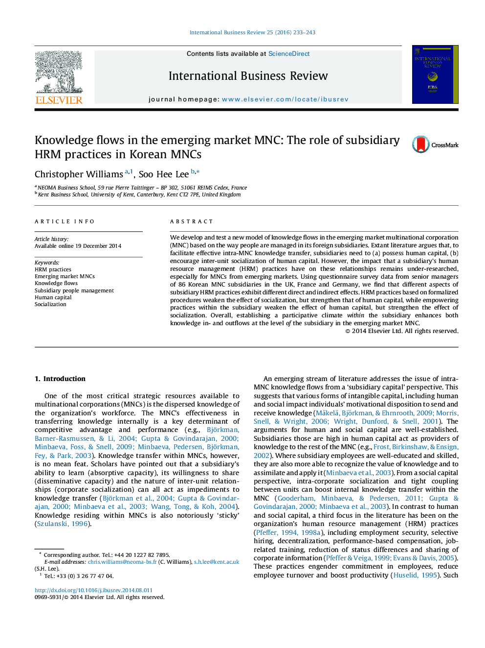 Knowledge flows in the emerging market MNC: The role of subsidiary HRM practices in Korean MNCs