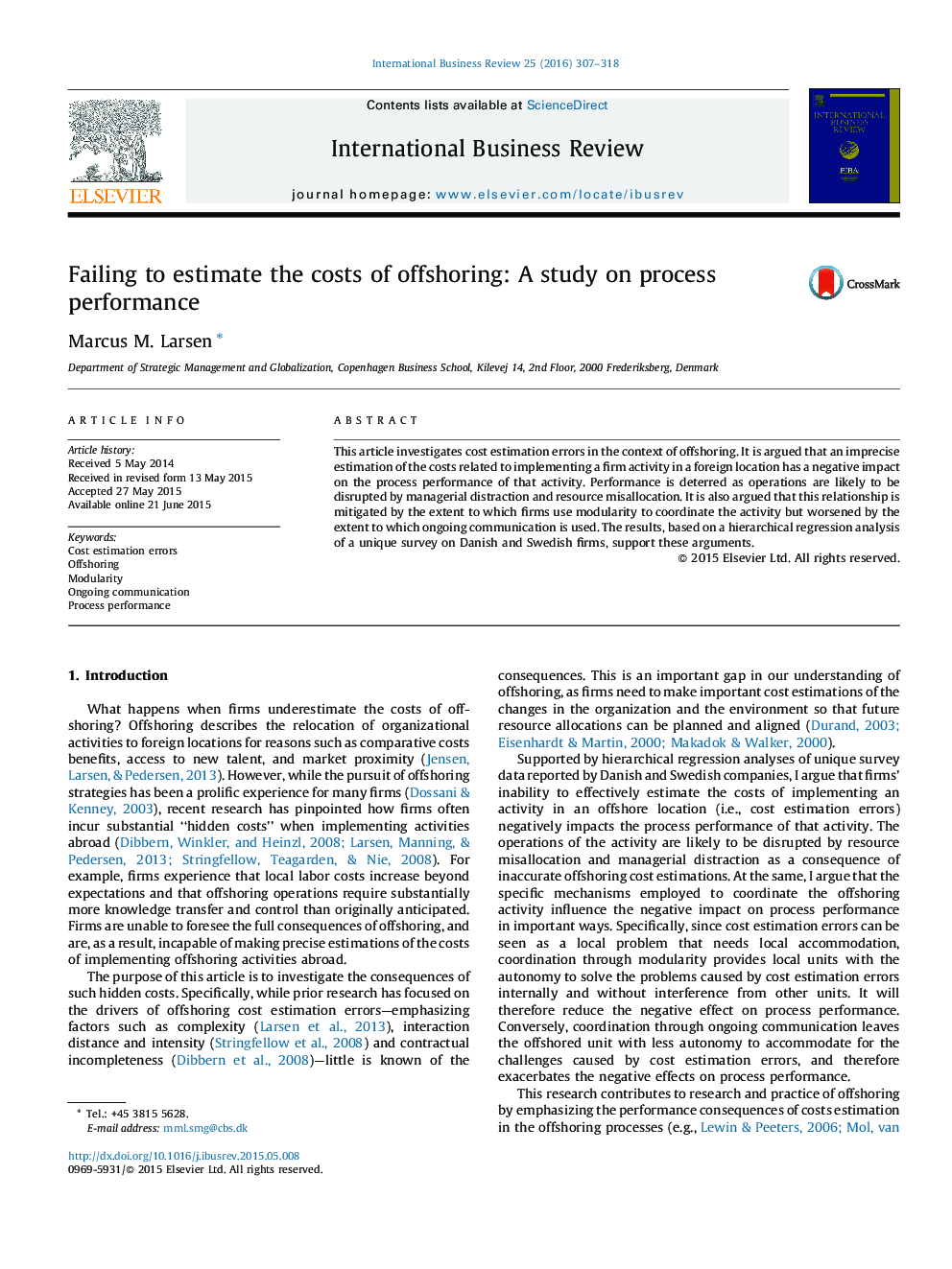 Failing to estimate the costs of offshoring: A study on process performance