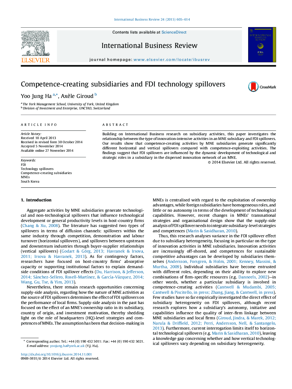 Competence-creating subsidiaries and FDI technology spillovers