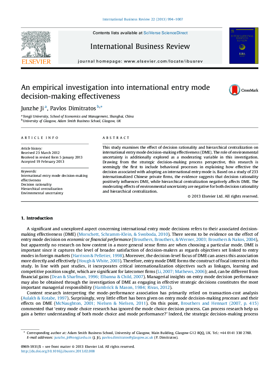 An empirical investigation into international entry mode decision-making effectiveness