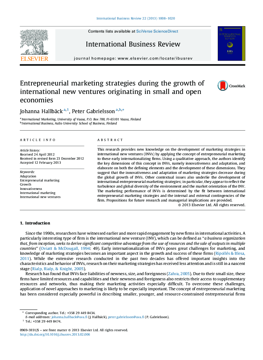 Entrepreneurial marketing strategies during the growth of international new ventures originating in small and open economies