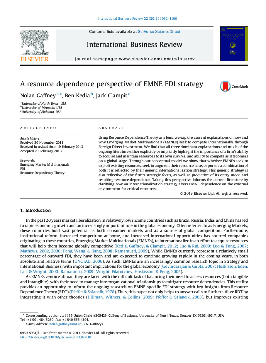 A resource dependence perspective of EMNE FDI strategy
