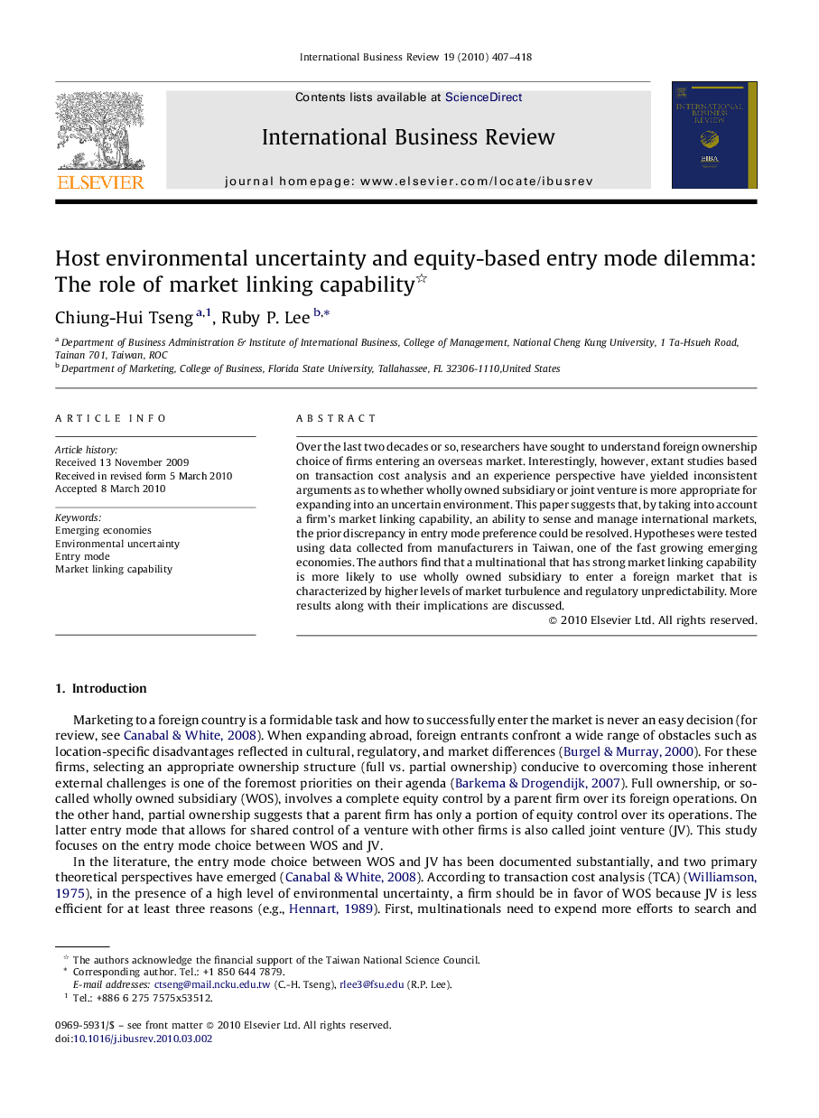 Host environmental uncertainty and equity-based entry mode dilemma: The role of market linking capability 