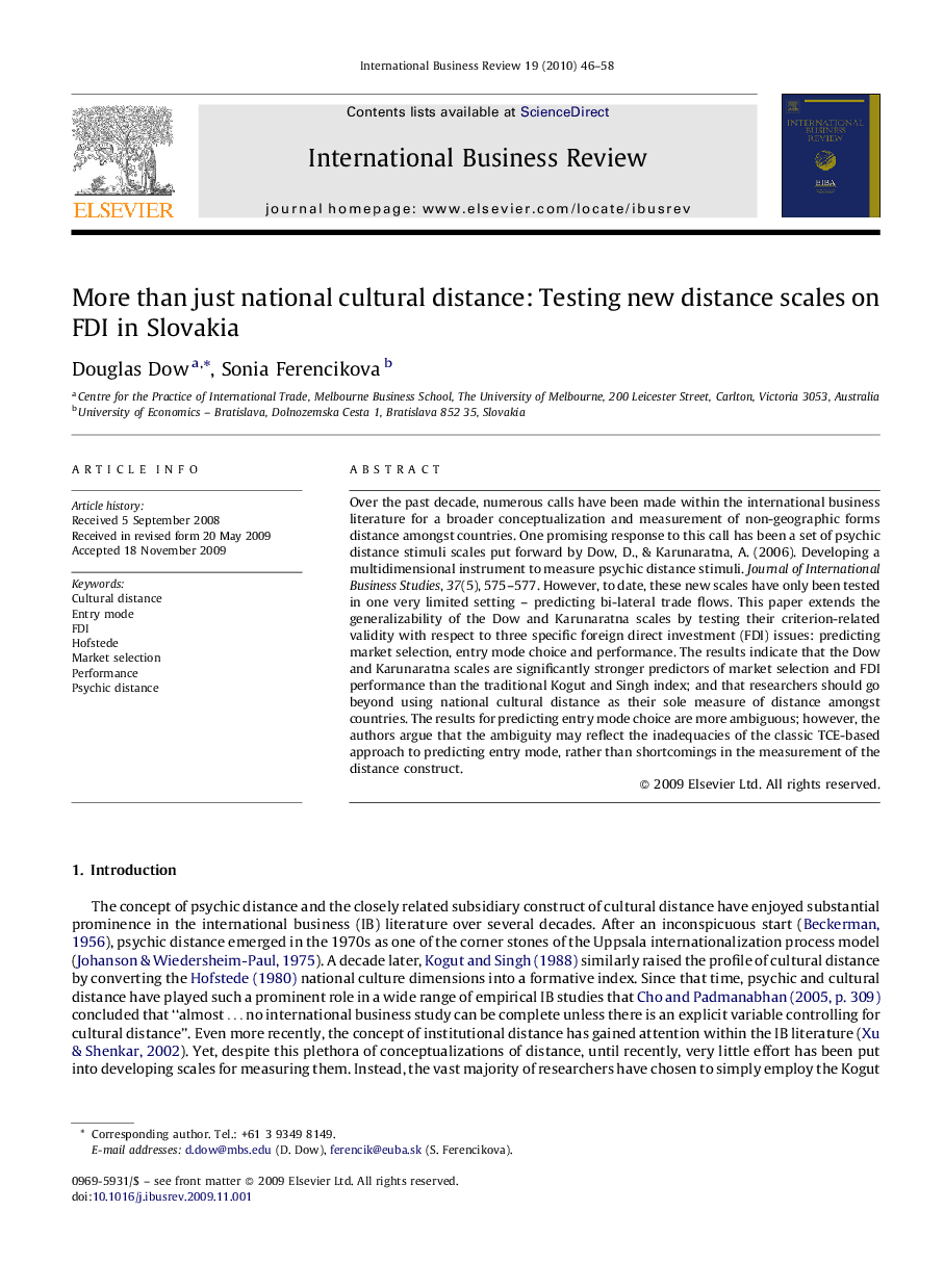 More than just national cultural distance: Testing new distance scales on FDI in Slovakia