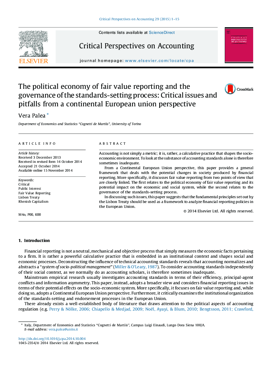 The political economy of fair value reporting and the governance of the standards-setting process: Critical issues and pitfalls from a continental European union perspective