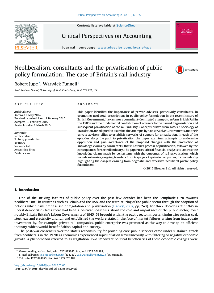 Neoliberalism, consultants and the privatisation of public policy formulation: The case of Britain's rail industry