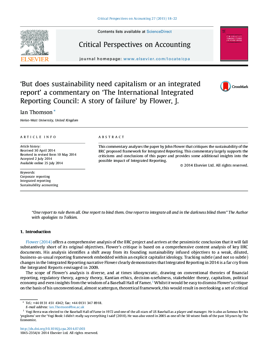 ‘But does sustainability need capitalism or an integrated report’ a commentary on ‘The International Integrated Reporting Council: A story of failure’ by Flower, J.