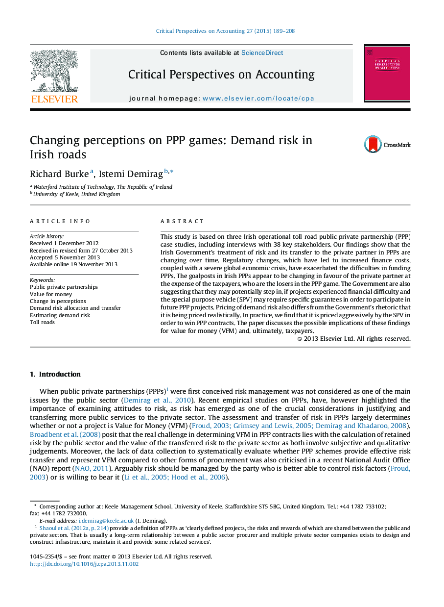 Changing perceptions on PPP games: Demand risk in Irish roads