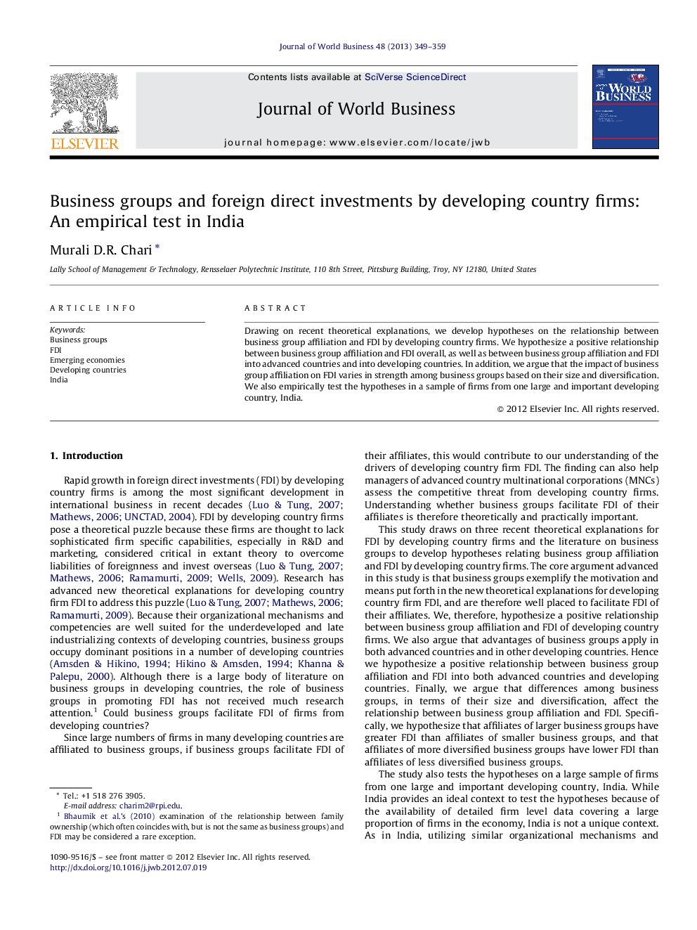 Business groups and foreign direct investments by developing country firms: An empirical test in India