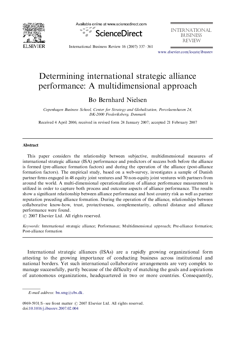 Determining international strategic alliance performance: A multidimensional approach