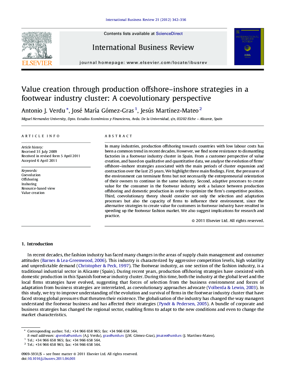 Value creation through production offshore–inshore strategies in a footwear industry cluster: A coevolutionary perspective