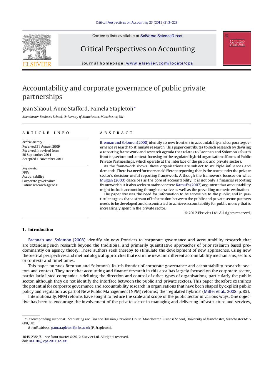 Accountability and corporate governance of public private partnerships