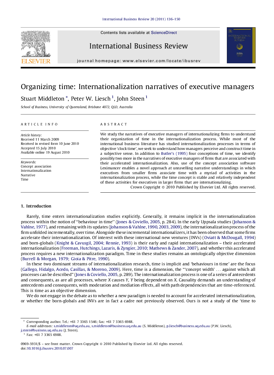 Organizing time: Internationalization narratives of executive managers