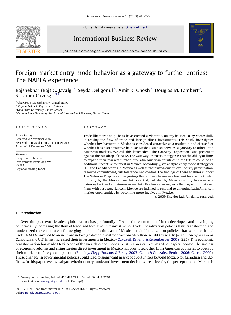 Foreign market entry mode behavior as a gateway to further entries: The NAFTA experience