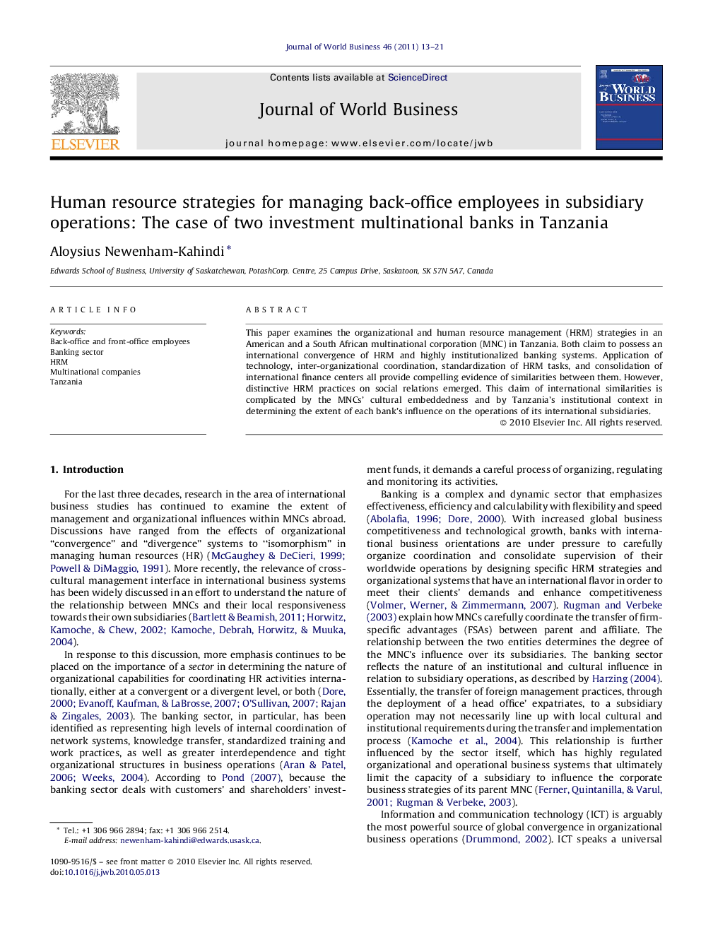 Human resource strategies for managing back-office employees in subsidiary operations: The case of two investment multinational banks in Tanzania