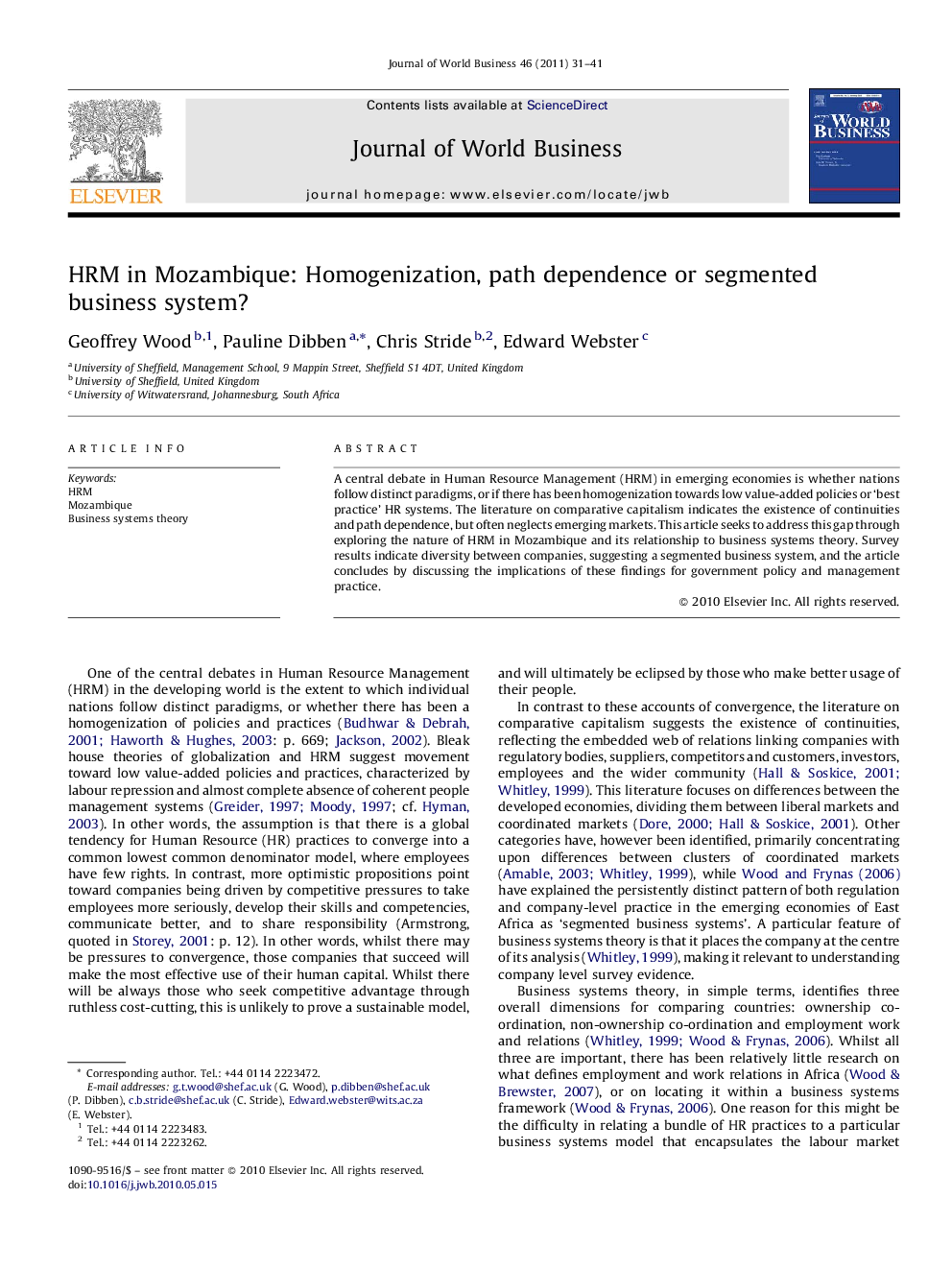 HRM in Mozambique: Homogenization, path dependence or segmented business system?