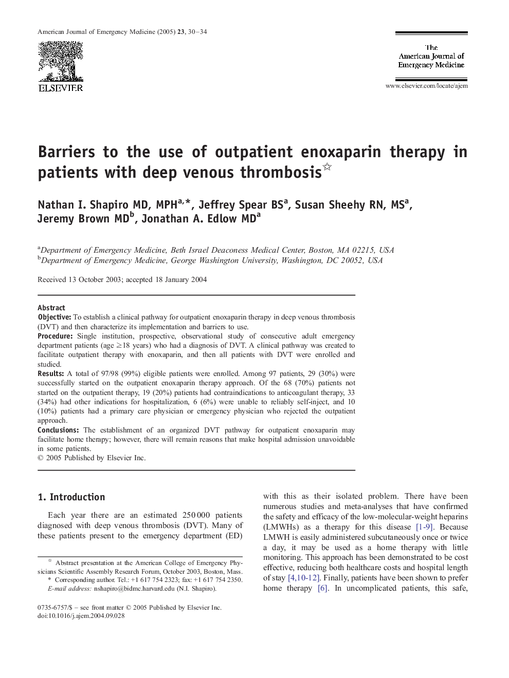 Barriers to the use of outpatient enoxaparin therapy in patients with deep venous thrombosis