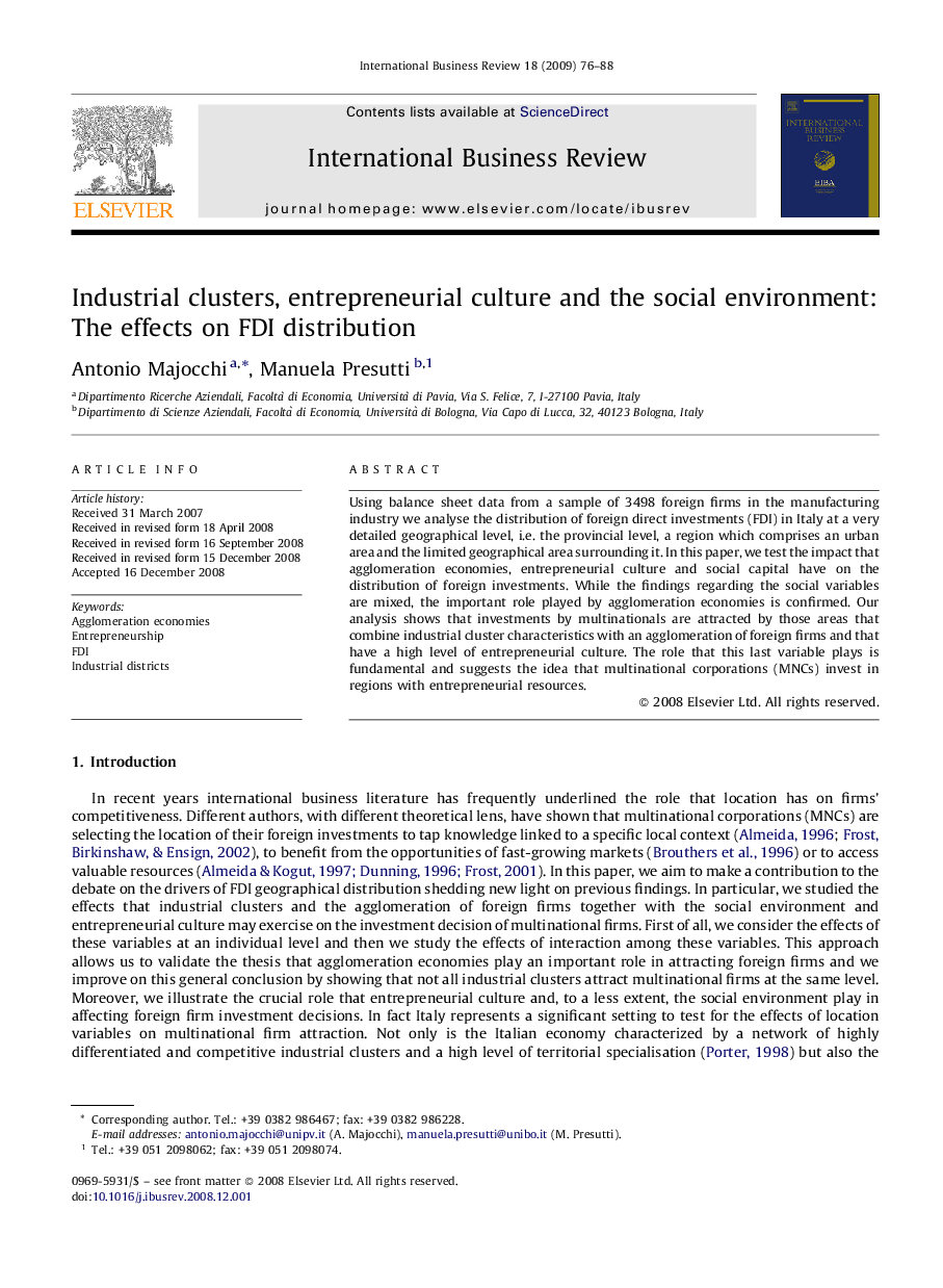 Industrial clusters, entrepreneurial culture and the social environment: The effects on FDI distribution