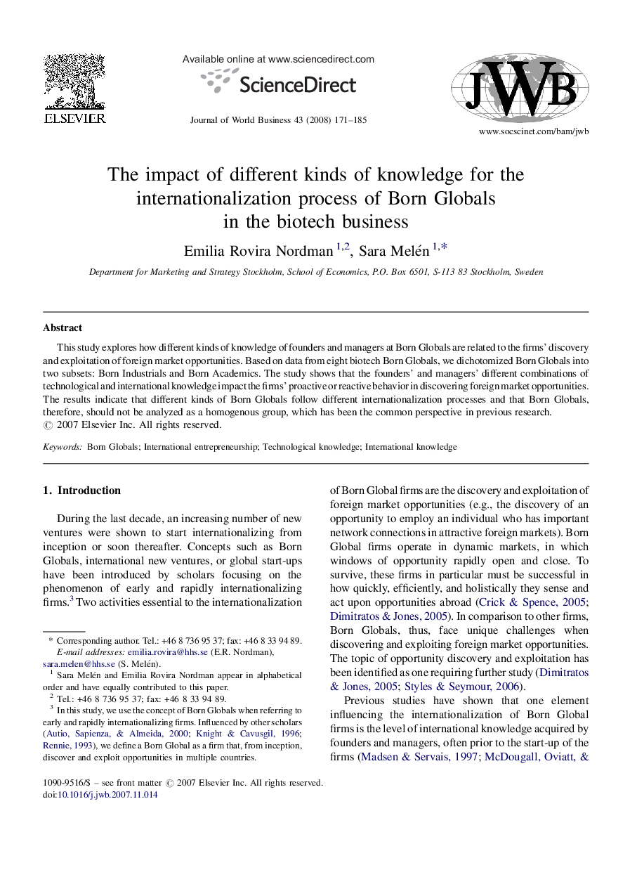 The impact of different kinds of knowledge for the internationalization process of Born Globals in the biotech business