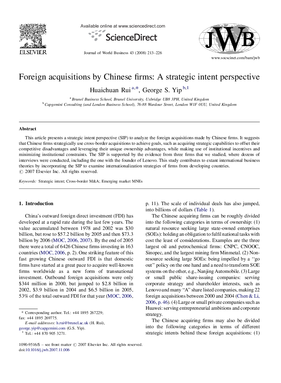 Foreign acquisitions by Chinese firms: A strategic intent perspective