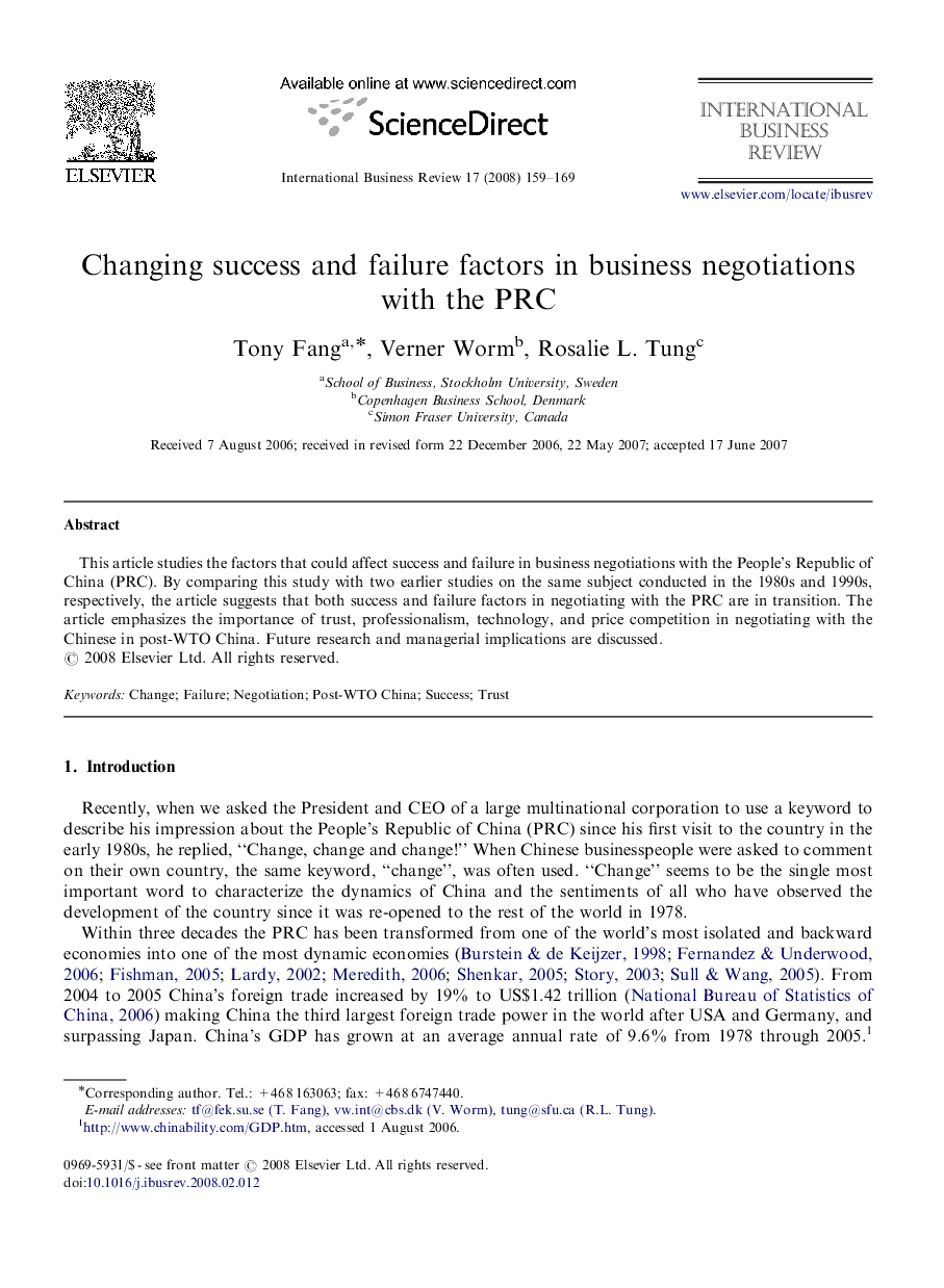 Changing success and failure factors in business negotiations with the PRC