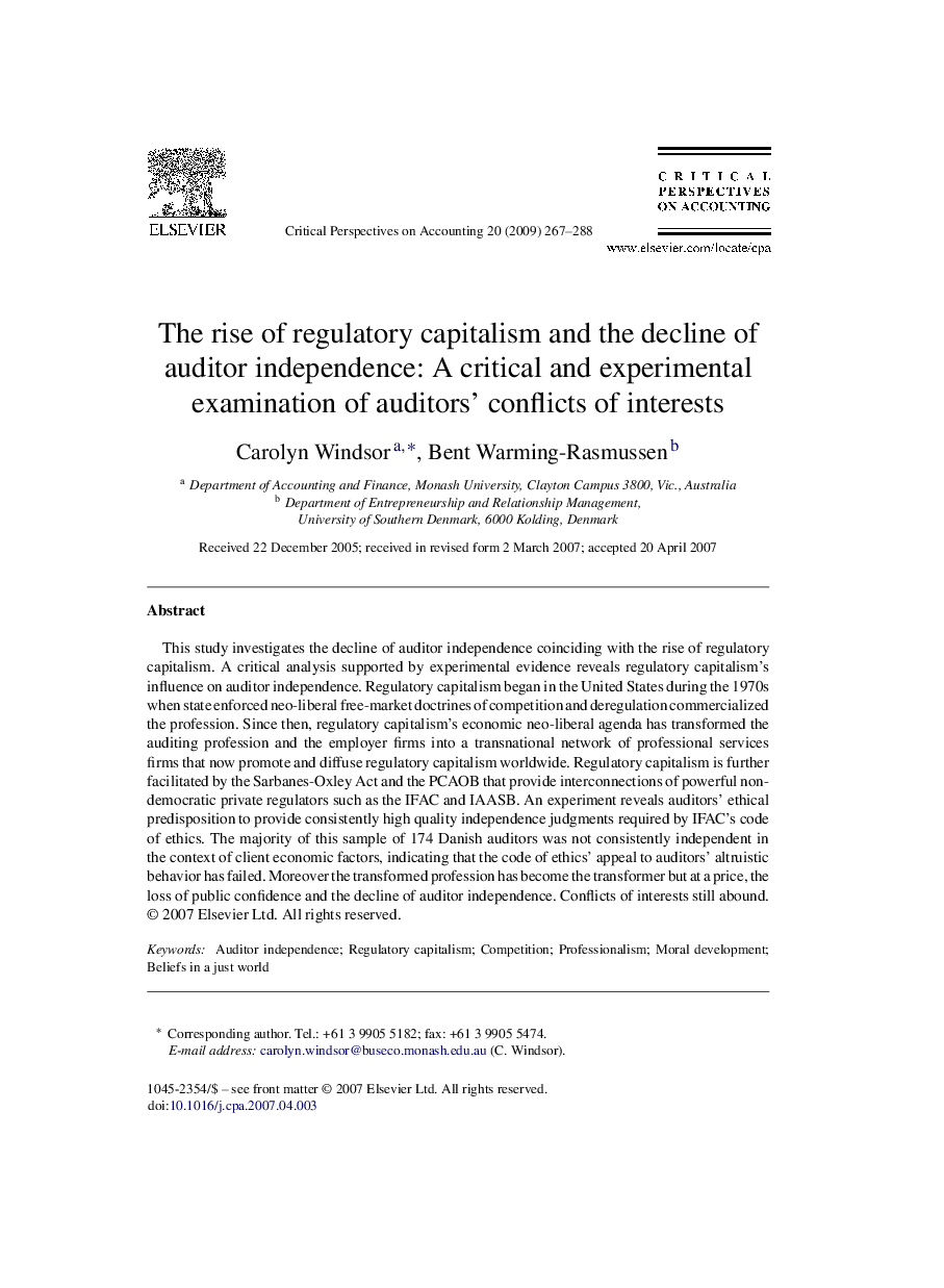 The rise of regulatory capitalism and the decline of auditor independence: A critical and experimental examination of auditors’ conflicts of interests