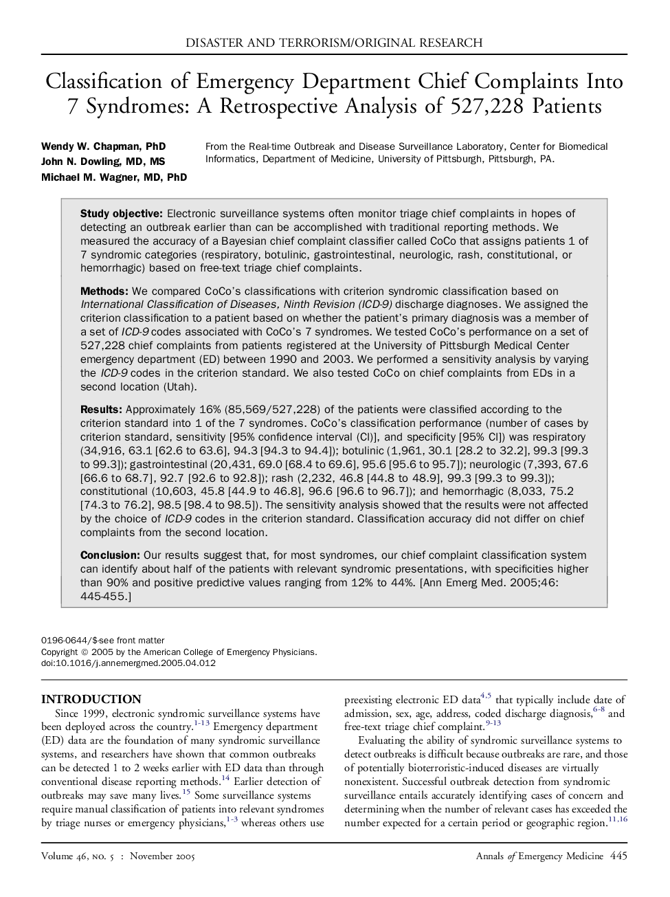 Classification of Emergency Department Chief Complaints Into 7 Syndromes: A Retrospective Analysis of 527,228 Patients