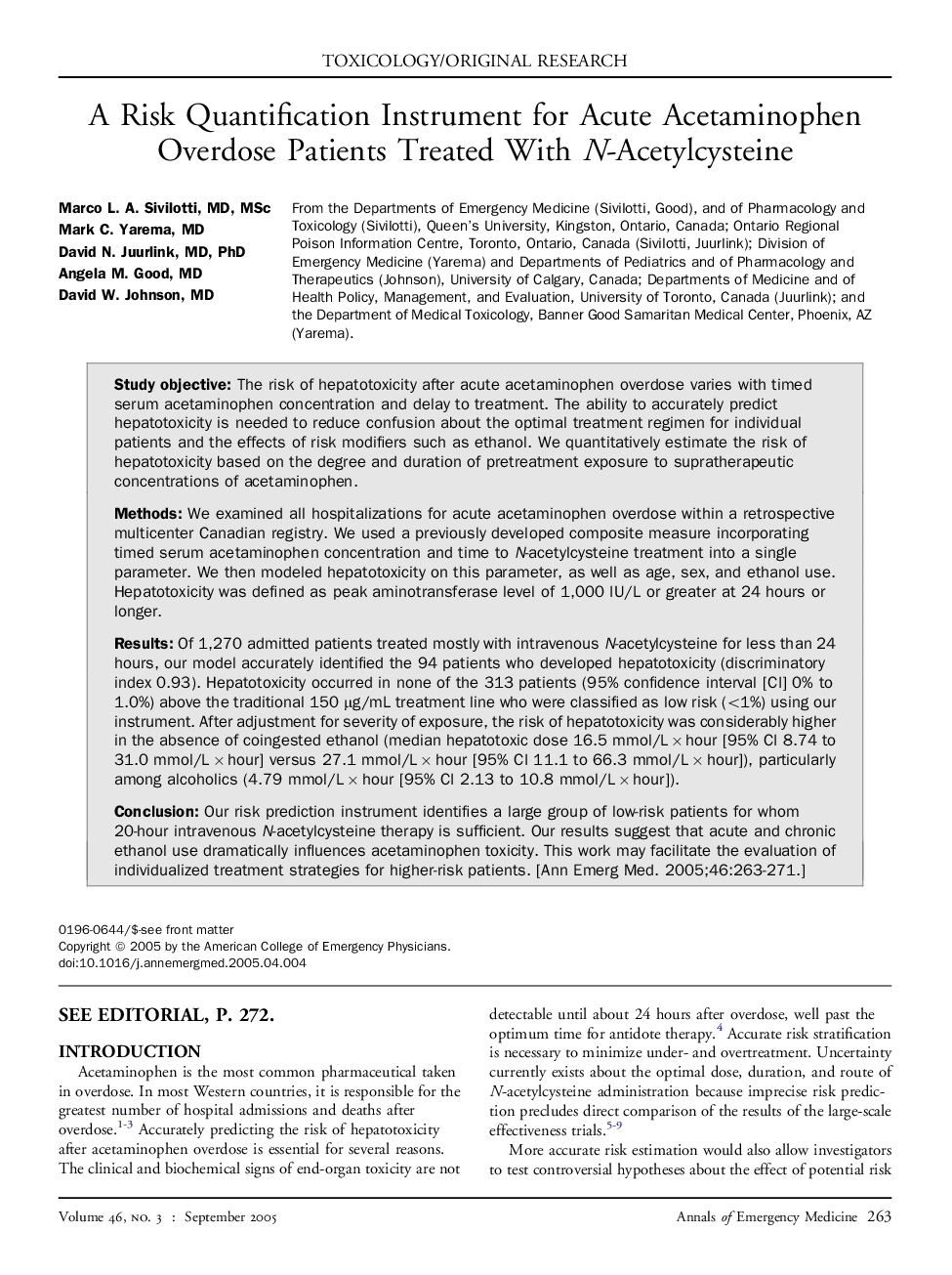 A Risk Quantification Instrument for Acute Acetaminophen Overdose Patients Treated With N-Acetylcysteine