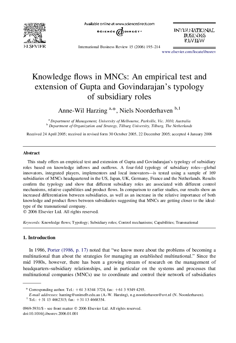 عکس صفحه اول مقاله: Knowledge flows in MNCs: An empirical test and extension of Gupta and Govindarajan's typology of subsidiary roles Knowledge flows in MNCs: An empirical test and extension of Gupta and Govindarajan's typology of subsidiary roles