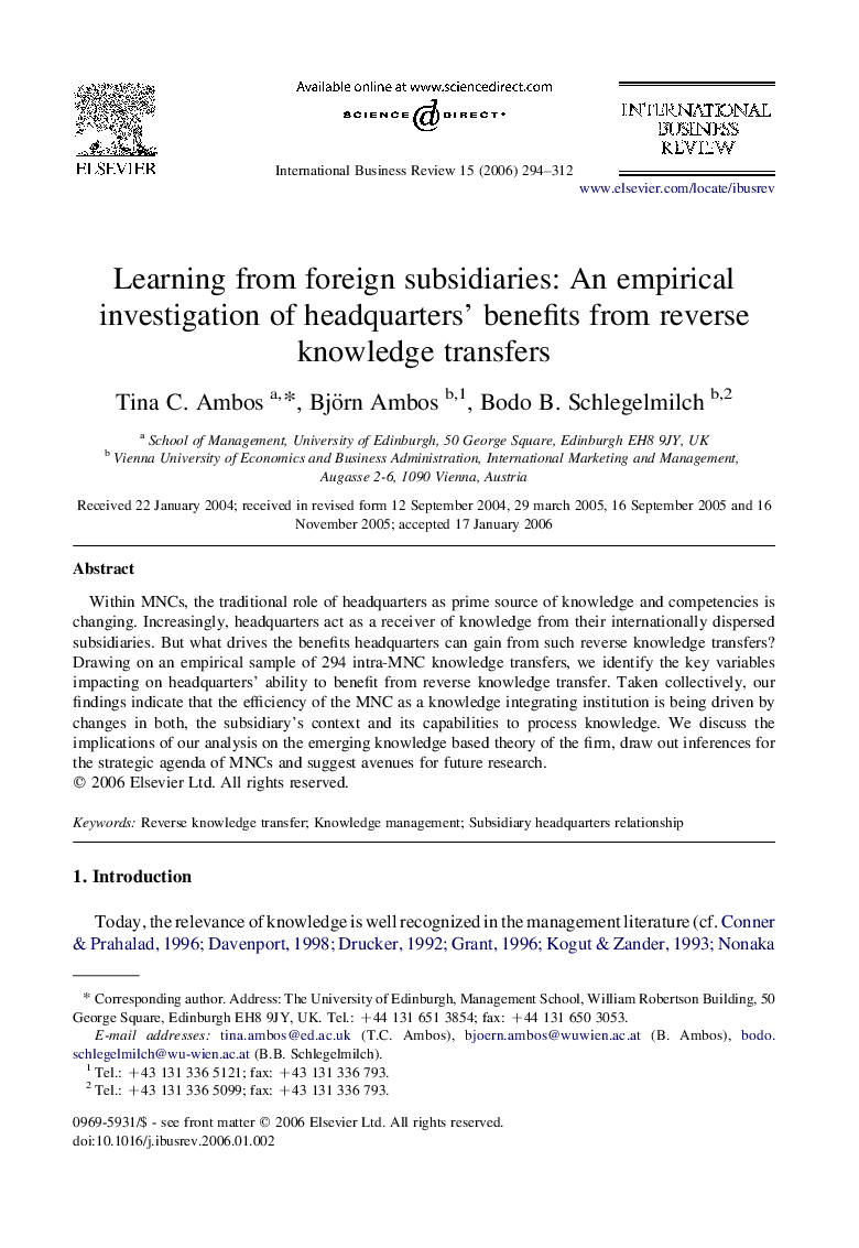 Learning from foreign subsidiaries: An empirical investigation of headquarters' benefits from reverse knowledge transfers