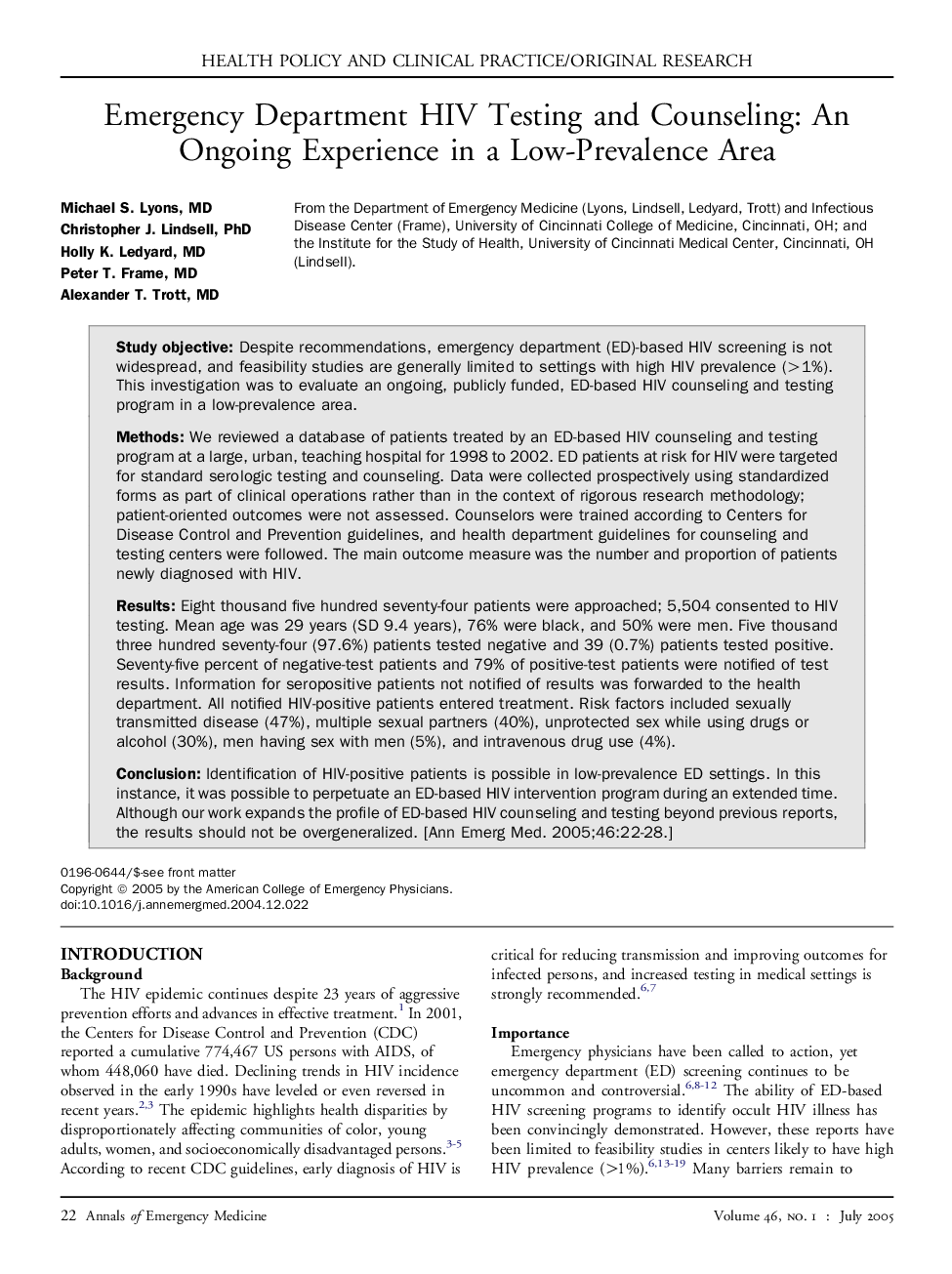 Emergency Department HIV Testing and Counseling: An Ongoing Experience in a Low-Prevalence Area