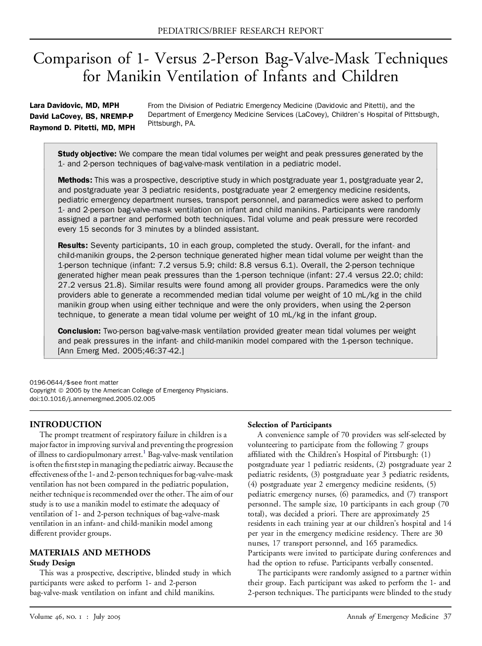 Comparison of 1- Versus 2-Person Bag-Valve-Mask Techniques for Manikin Ventilation of Infants and Children