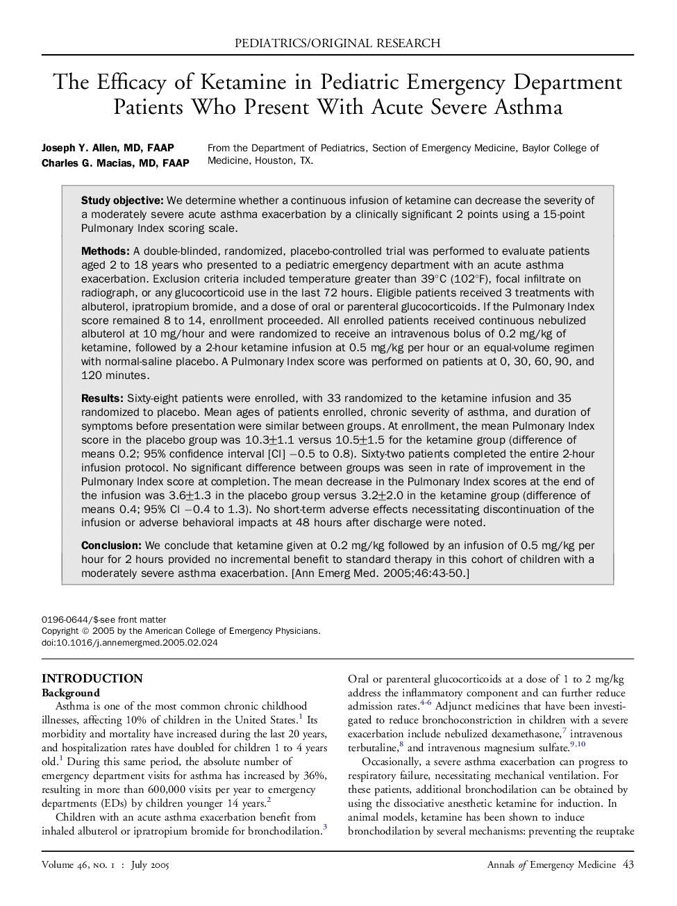 The Efficacy of Ketamine in Pediatric Emergency Department Patients Who Present With Acute Severe Asthma