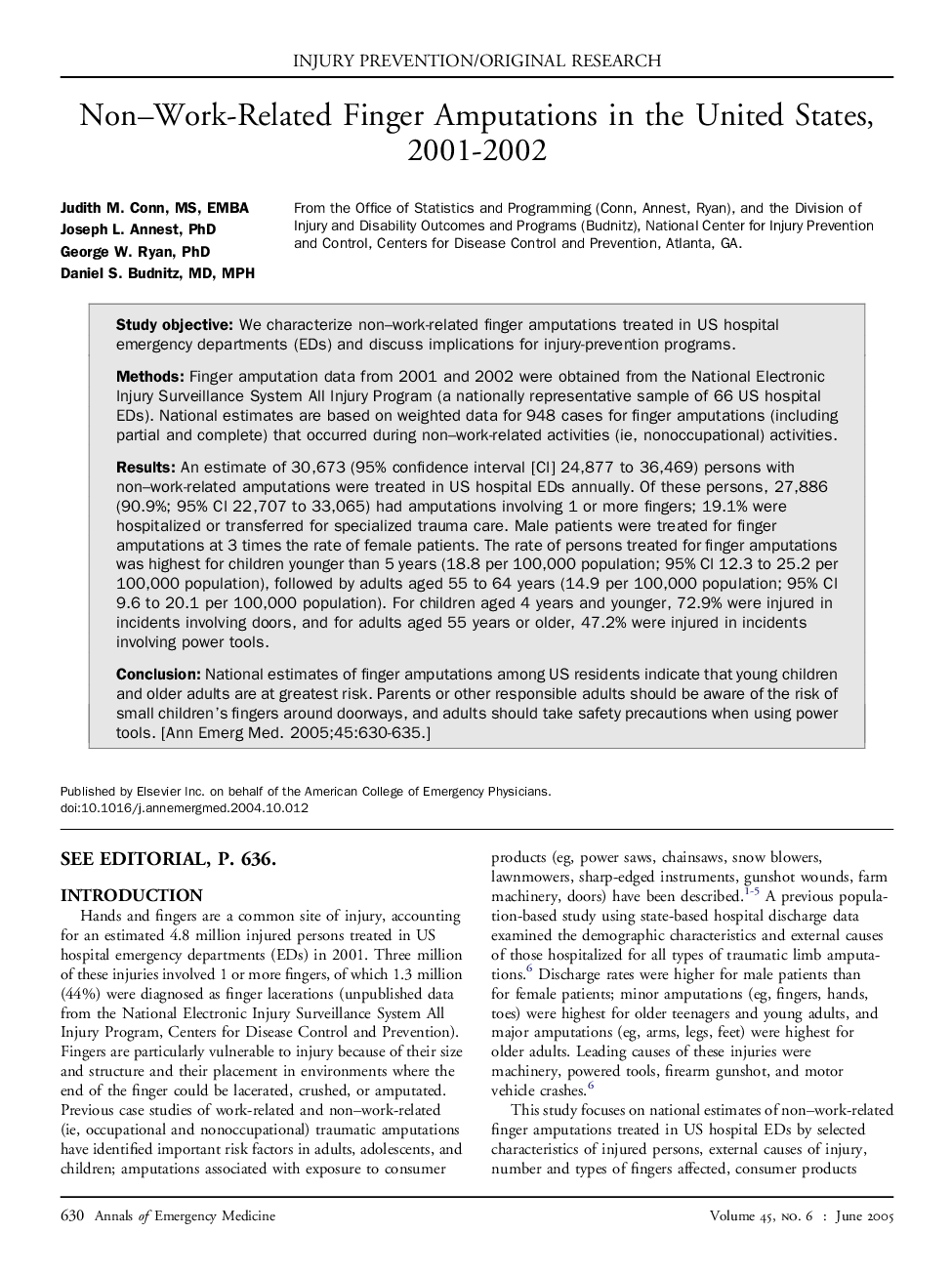 Non-Work-Related Finger Amputations in the United States, 2001-2002