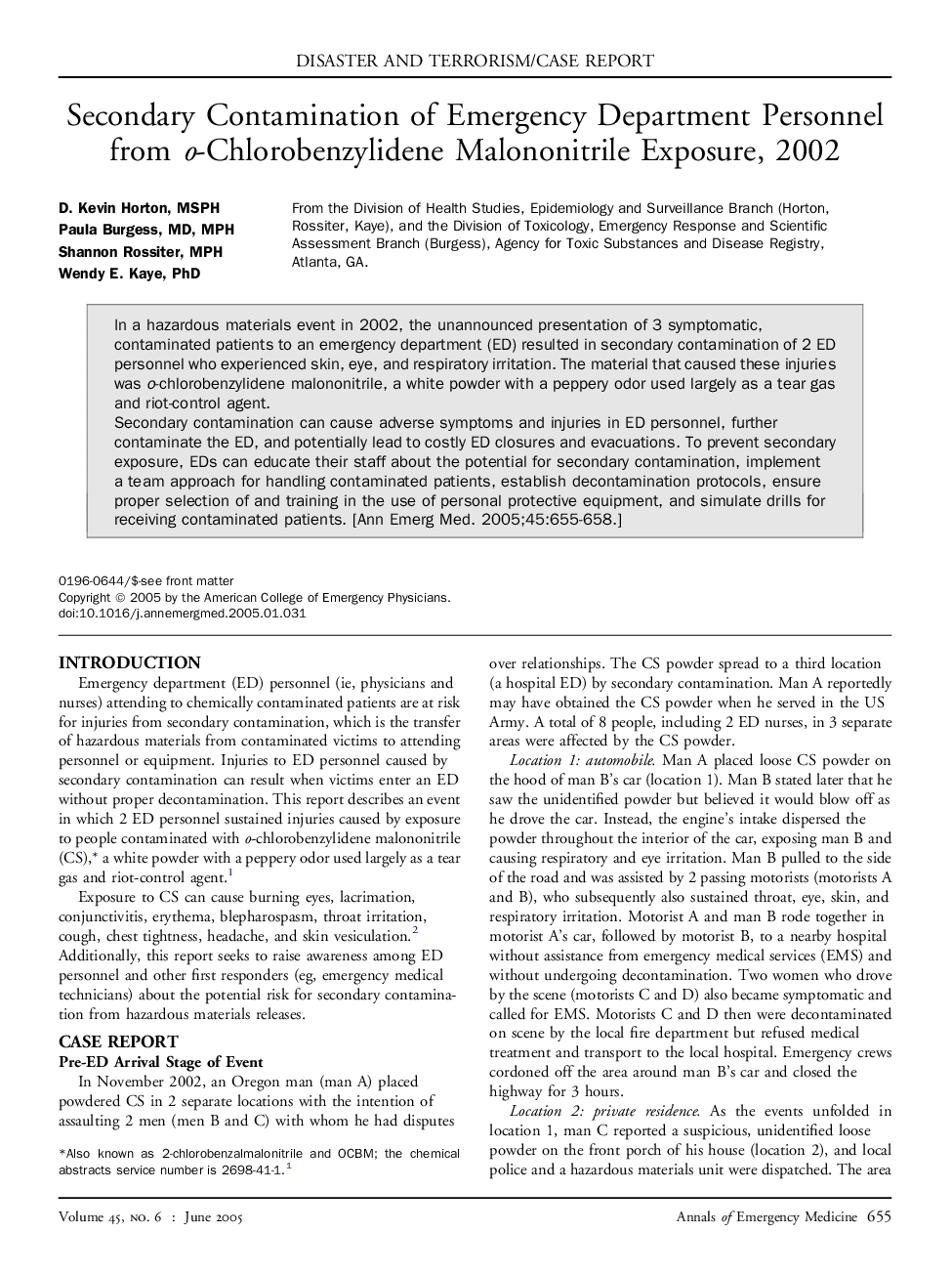 Secondary Contamination of Emergency Department Personnel from o-Chlorobenzylidene Malononitrile Exposure, 2002