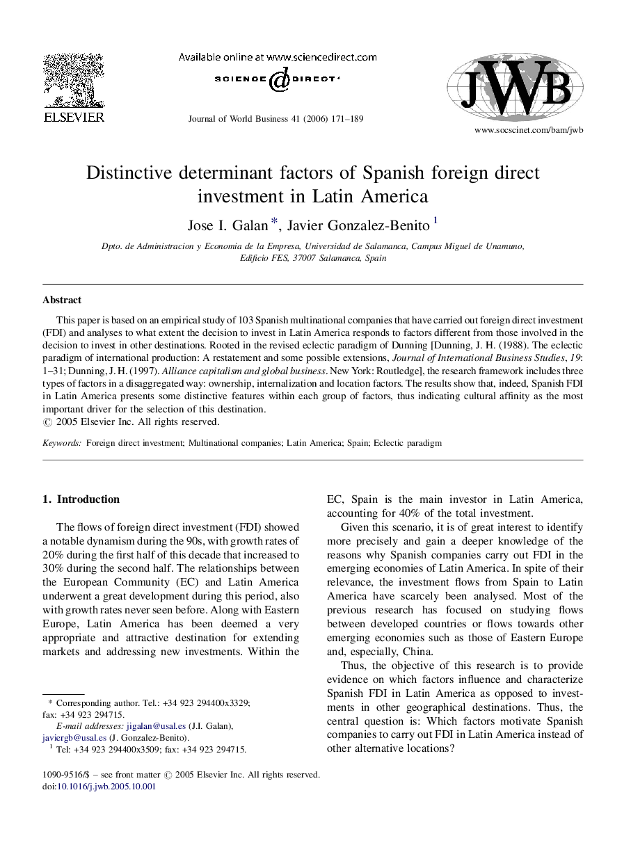 Distinctive determinant factors of Spanish foreign direct investment in Latin America