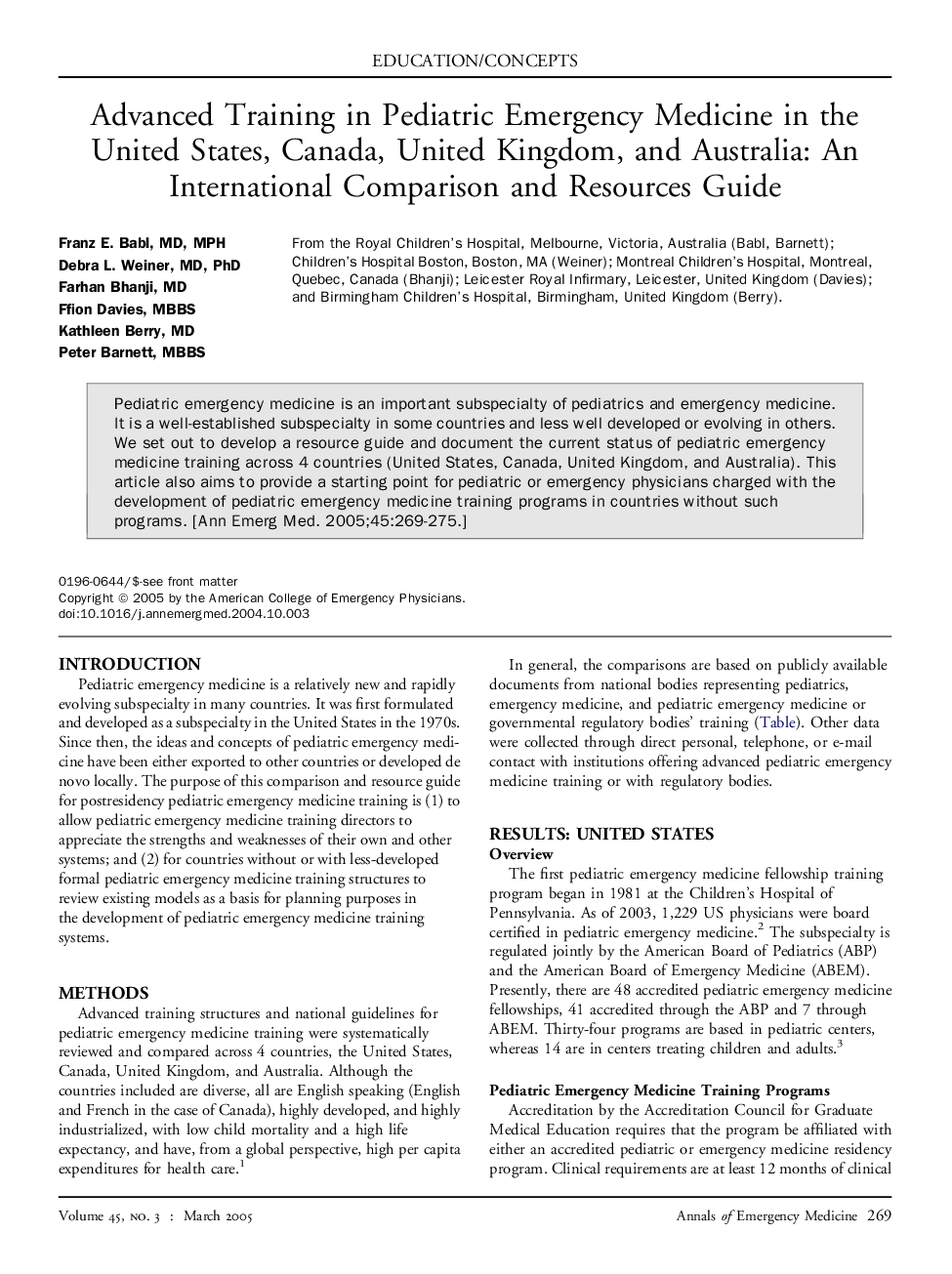 Advanced Training in Pediatric Emergency Medicine in the United States, Canada, United Kingdom, and Australia: An International Comparison and Resources Guide